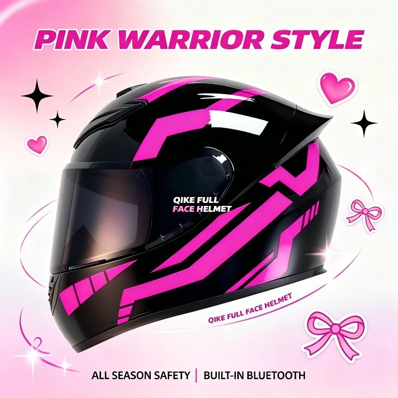 Фото Мотошлем QIKE Neon Pink Samurai для женщин: легкий, ударопрочный, защитный, модный