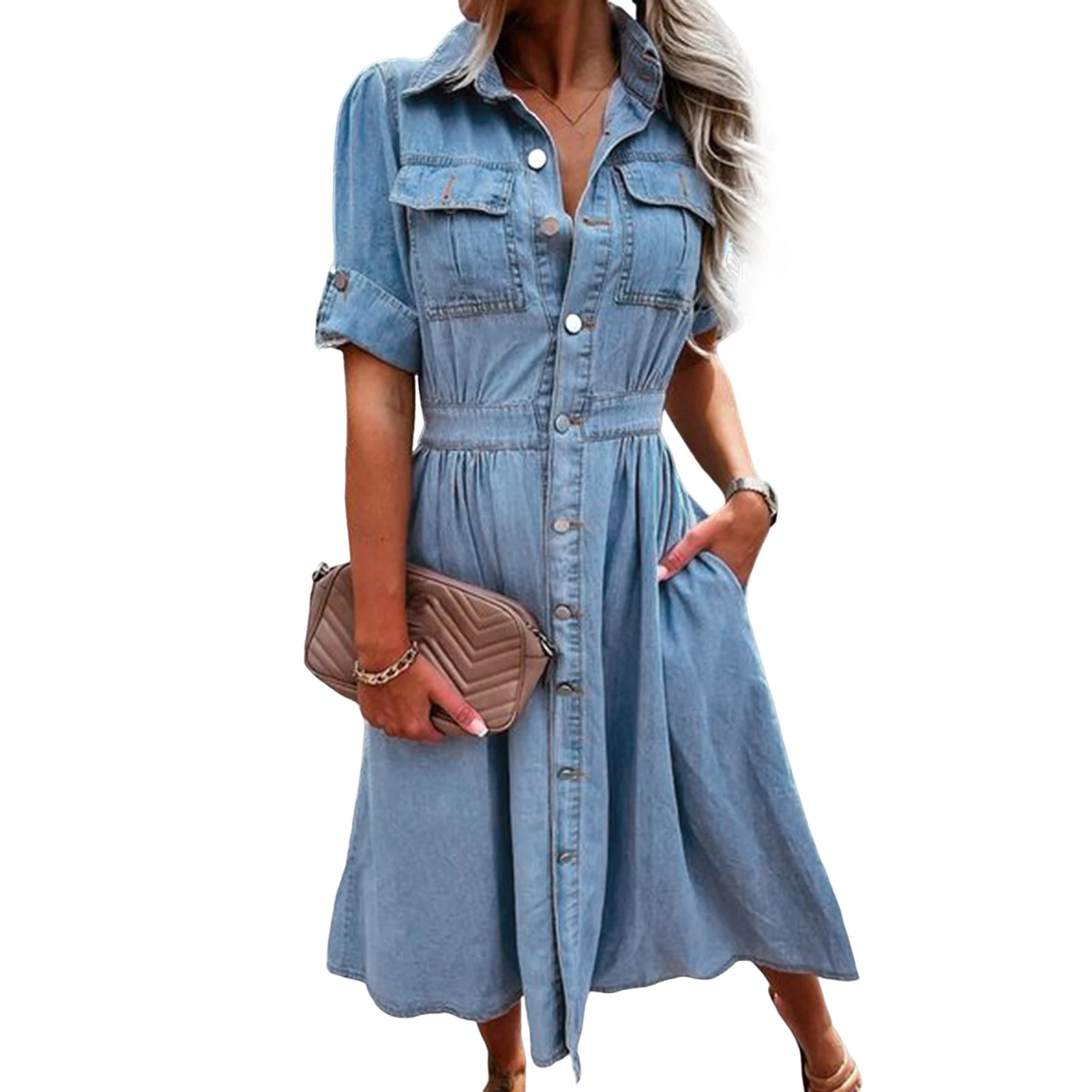 

Lapel Collar Short Sleeve Dress Solid Color Women Blouse Long Dress Distressed Classic Dress with Pockets V Neck Streetwear Suit
