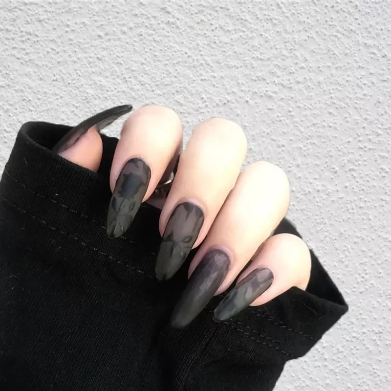 

NEW2023 Black color press on fake nails Elegant Glitter Fake Gemstone False Nails Short Round Head Acrylic With Glue for girls