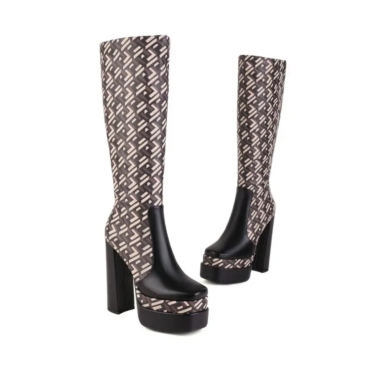 Platform Boots For Women Knee High Med Calf Chunky Heels Boot Brand New 2022 Winter Autumn Fashion Shoes Sexy Zipper Design