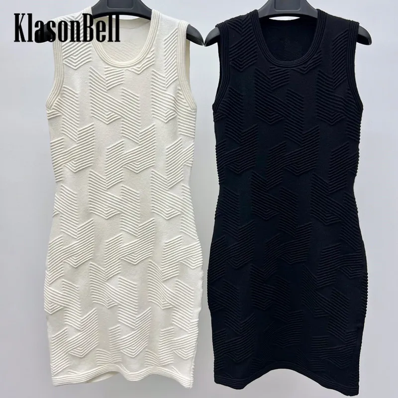 

8.23 KlasonBell Luxury Fashion Wool Blend Jacquard O-Neck Sleeveless Knitted Tank Dress Women