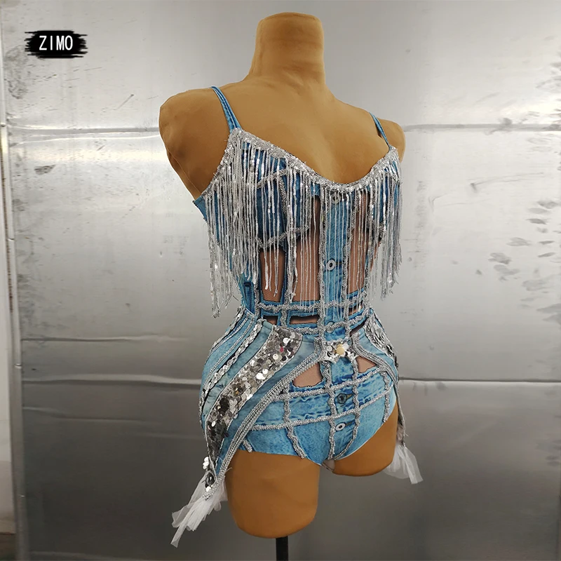 

2022 new Sequin fringe bodysuit Women Ruffles tassel Faux Denim party club DS Hip Hop Rap Jazz Singer Stage Costumes performance