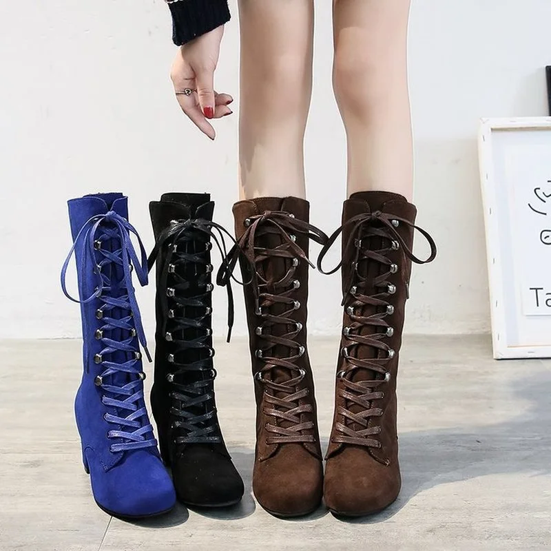 Women's Boots 2022 New Fashion High Boots Round Toe Lace-up Shoes Thick Sole High Heel Long Women's Boots Ladies Casual Shoes