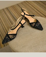 summer 2022 french bag toe sandals for women black mesh lace letter toe heels with pointed toes