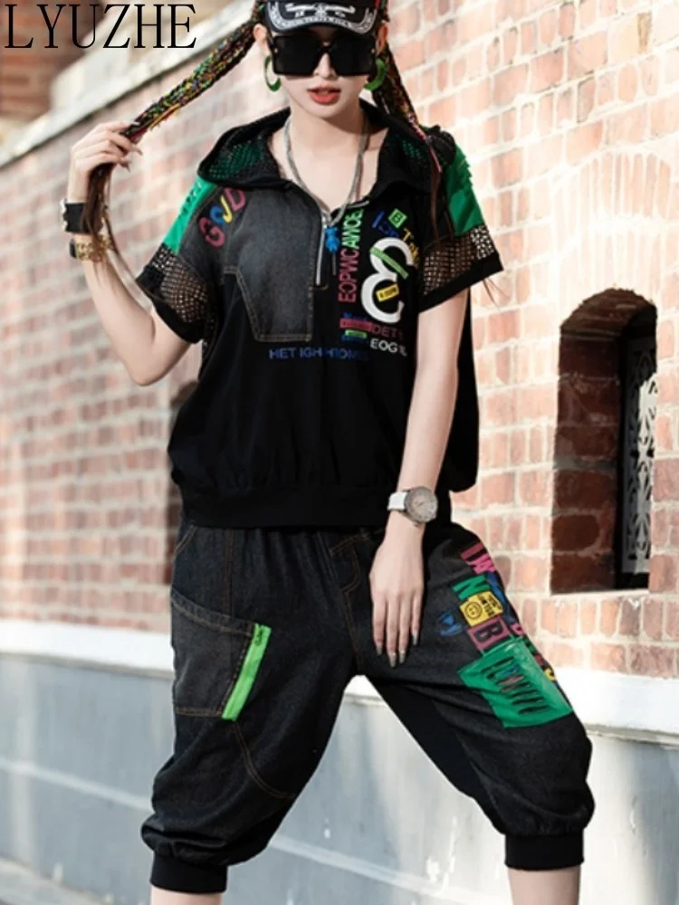 

LYUZHE Matching Set Women 2023 Summer New Hot Girls Personalized Female Two Piece Pant Set Capris + Short Sleeve Top ZXF194A