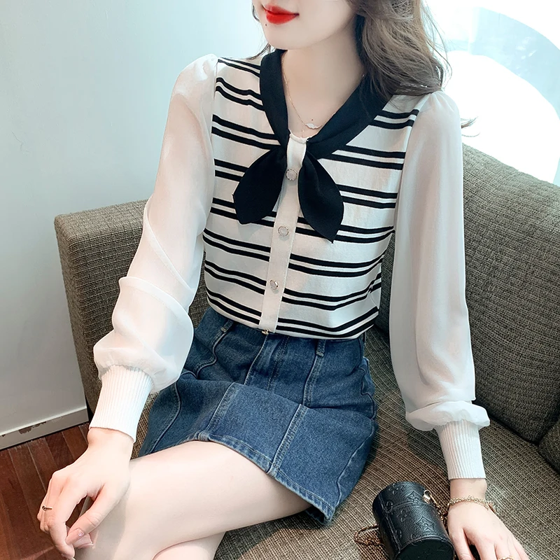 

Новинка 2022, топы с длинными рукавами и кружевными вставками в иностранном стиле, трикотажная одежда в полоску с бантом и длинными рукавами