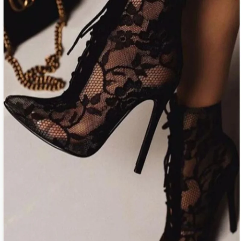 

New Mature Mesh Women Boots Floral Lace-Up Thin High Heels Ankle Pointed Toed Party Wedding Shoes Rty 2022