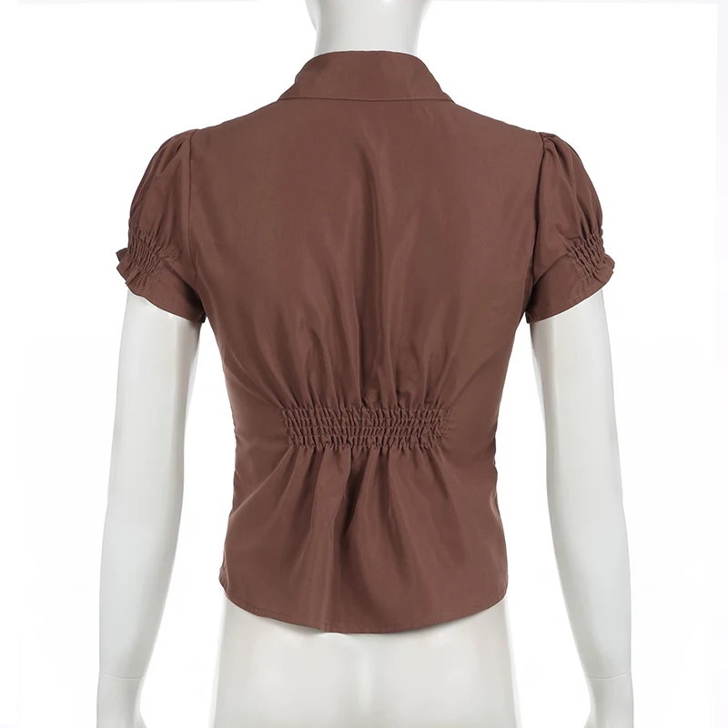 Coquette Brown Pleated Button T-shirt Women Short Sleeve Fitted Blouses 00s Aesthetic Fairy Y2k Vintage Crop Tops Cottage Tees