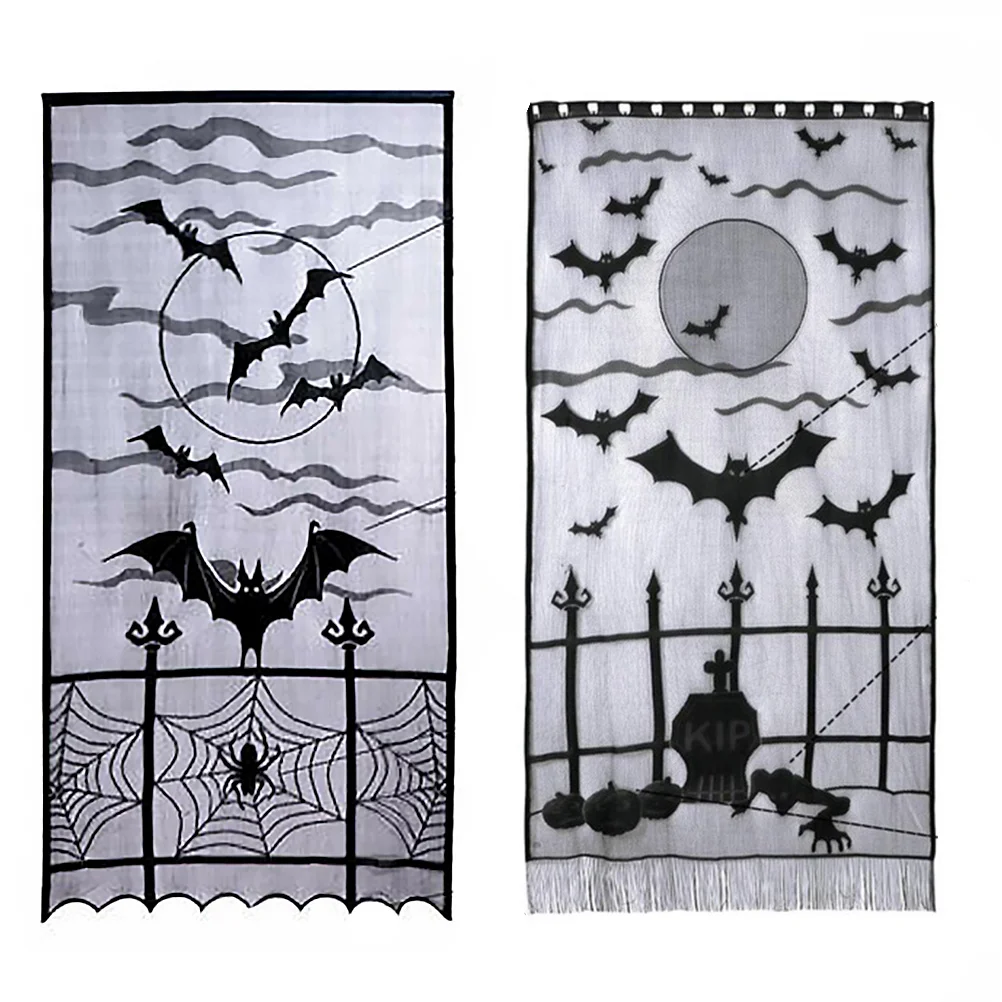 

2 Black Curtains Spider Web Bats Window Curtains Door Curtain Panel Hanging Decoration for Haunted House Favor Bedroom