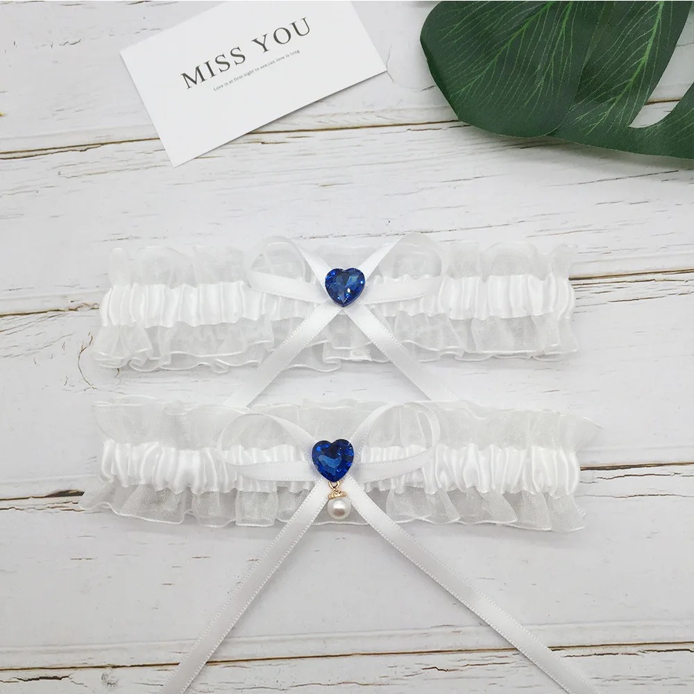 

2 pieces Wedding Bridal Garter for Bride Heart Rhinestones Satin Bow with Pearl Prom Garter Set Women Lace Garter Belt Set
