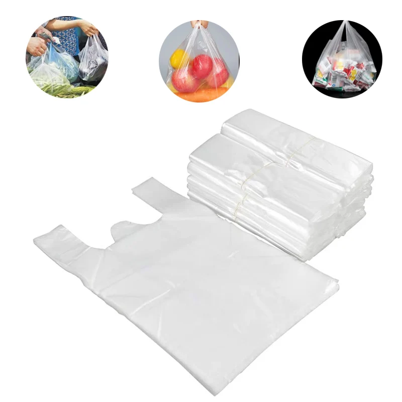 100pcs Plastic T-Shirt Retail Shopping Design Supermarket Bags Handles Packaging,