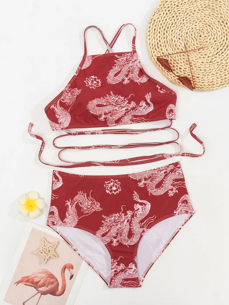 Swim CyxWzy 2022 Trendy Chinese Classical Style Zodiac Dragon Sexy Halter High Waist Pull Rope Beach Party Two-piece Swimsuit