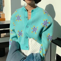 preppy style flower knit cardigans women sweater v neck loose elegant femme autumn sweet clothing print short casual coat spring