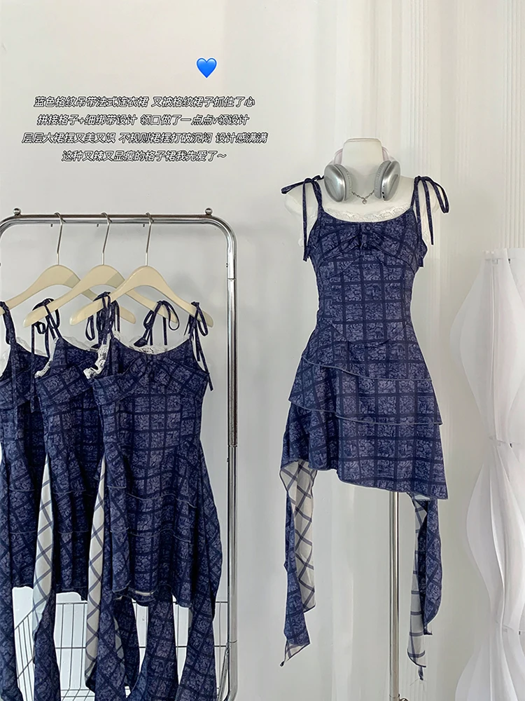 

Korean Fashion Spaghetti Strap Dress For Women 2023 Lace Patchwork Frocks Tierred Ruffle Design Irregular Y2k Streetwear Gyaru