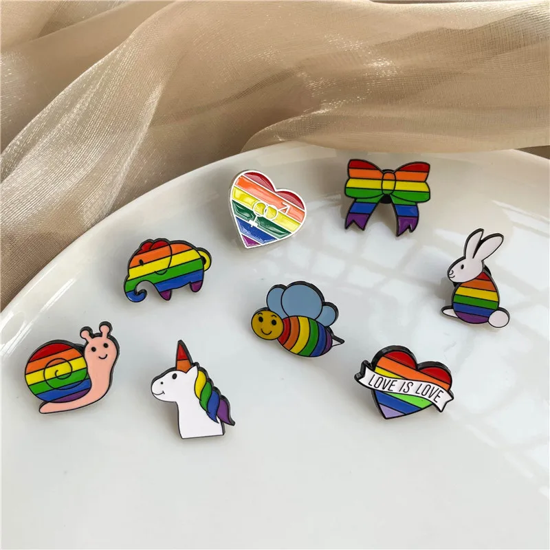 Cute Rainbow Unicorn Bee Enamel Brooch Cartoon Bowknot Elephant Rabbit Love Animal Badge Bag Lapel Pins Couples Gifts Jewelry