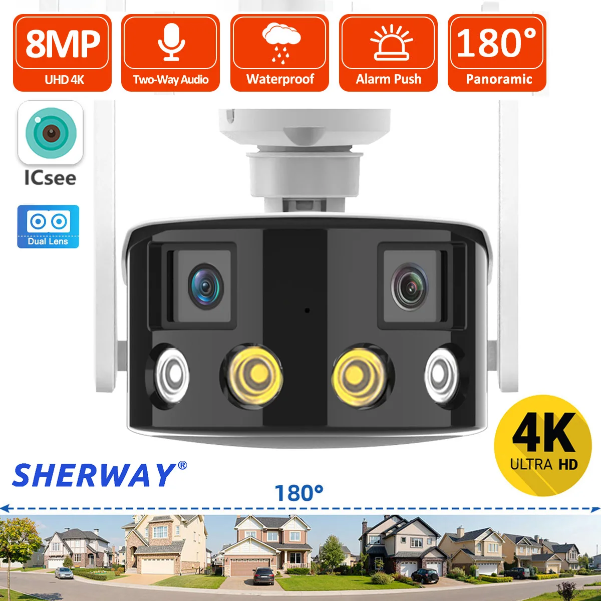 

SHERWAY 4K 8MP Dual Lens Panoramic WIFI Camera 180° Wide Viewing Angle AI Human Detection 4MP ICSEE Surveillance IP Camera