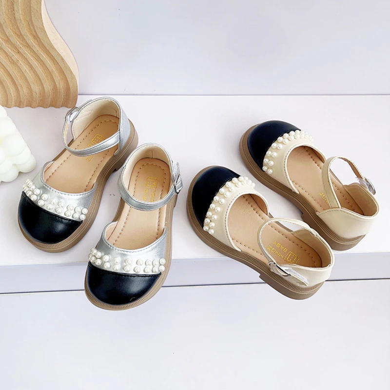 

Baywell Girls Sandals Kids Summer PU Leather Shoes Elegant Pearl Rhinestone Party Princess Shoe Flats Non-slip Casual Sandals