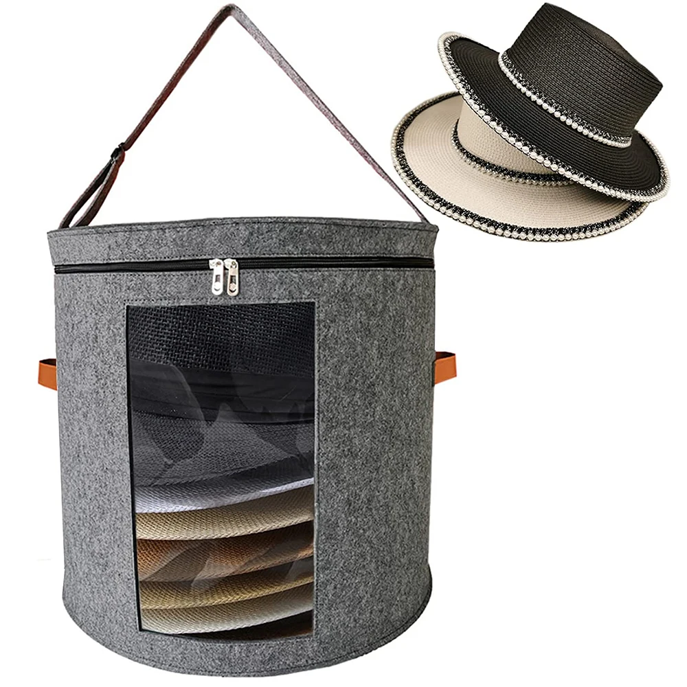 

Lid Strap Window Clear Large Storage Foldable Portable Box Hat Zippered Bucket Organizer Travel Shoulder Bag Adjustable Felt