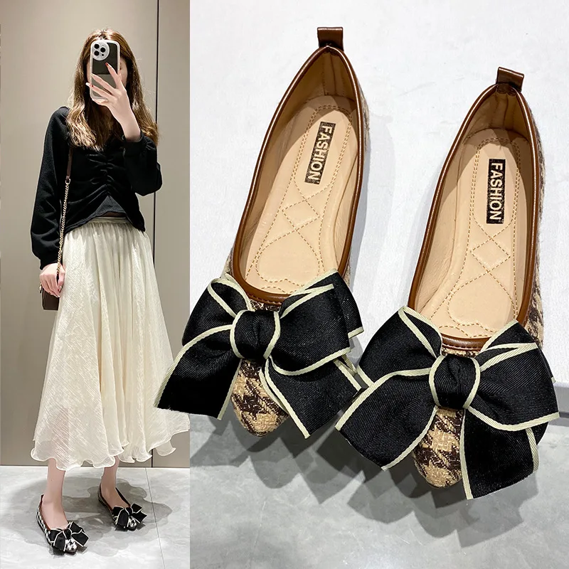 

Single shoe female 2023 spring new shoes pointed flat shoes bow shallow mouth soft bottom thousand bird plaid bean shoes women