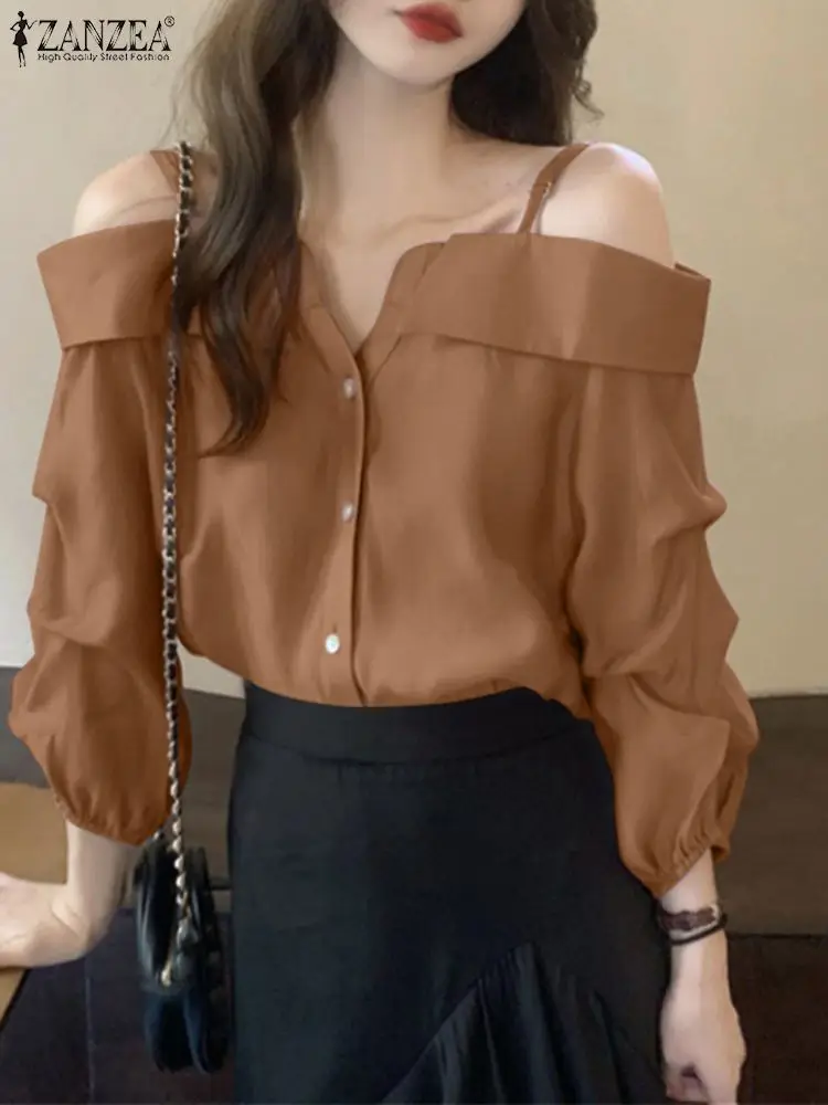 

Рубашка ZANZEA Женская с длинным рукавом, модная пикантная блузка с открытыми плечами, винтажный Топ на пуговицах, со складками, однотонная сво...