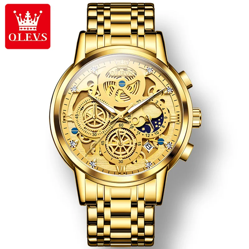 

OLEVS 9947 Waterproof Stainless Steel Strap Watches for Men Sport Quartz Complication Hollow Out Men Wristwatch Chronograph