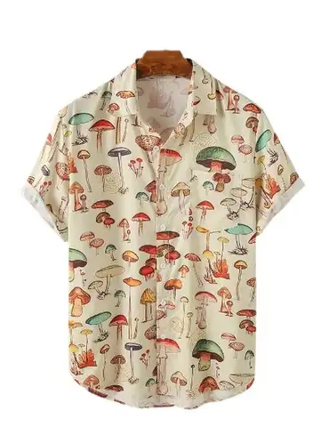 Мужские Гавайские Рубашки с отворотом и коротким рукавом, яркие повседневные Рубашки с принтом грибов на пуговицах, лето 2022
