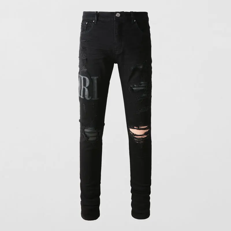 

Джинсы мужские зауженные стрейчевые, модные рваные джинсы с заплатками, брендовые дизайнерские брюки в стиле хип-хоп, черные, уличная одежда