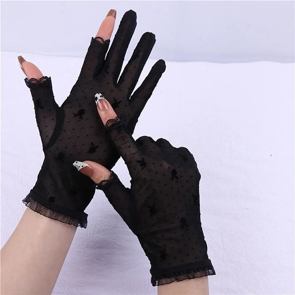 

Summer Thin Lace Solid Color Touch Screen Outdoor Sun Protection Gloves Show Two Fingers Rabbit Riding Gloves Women Thin Gloves