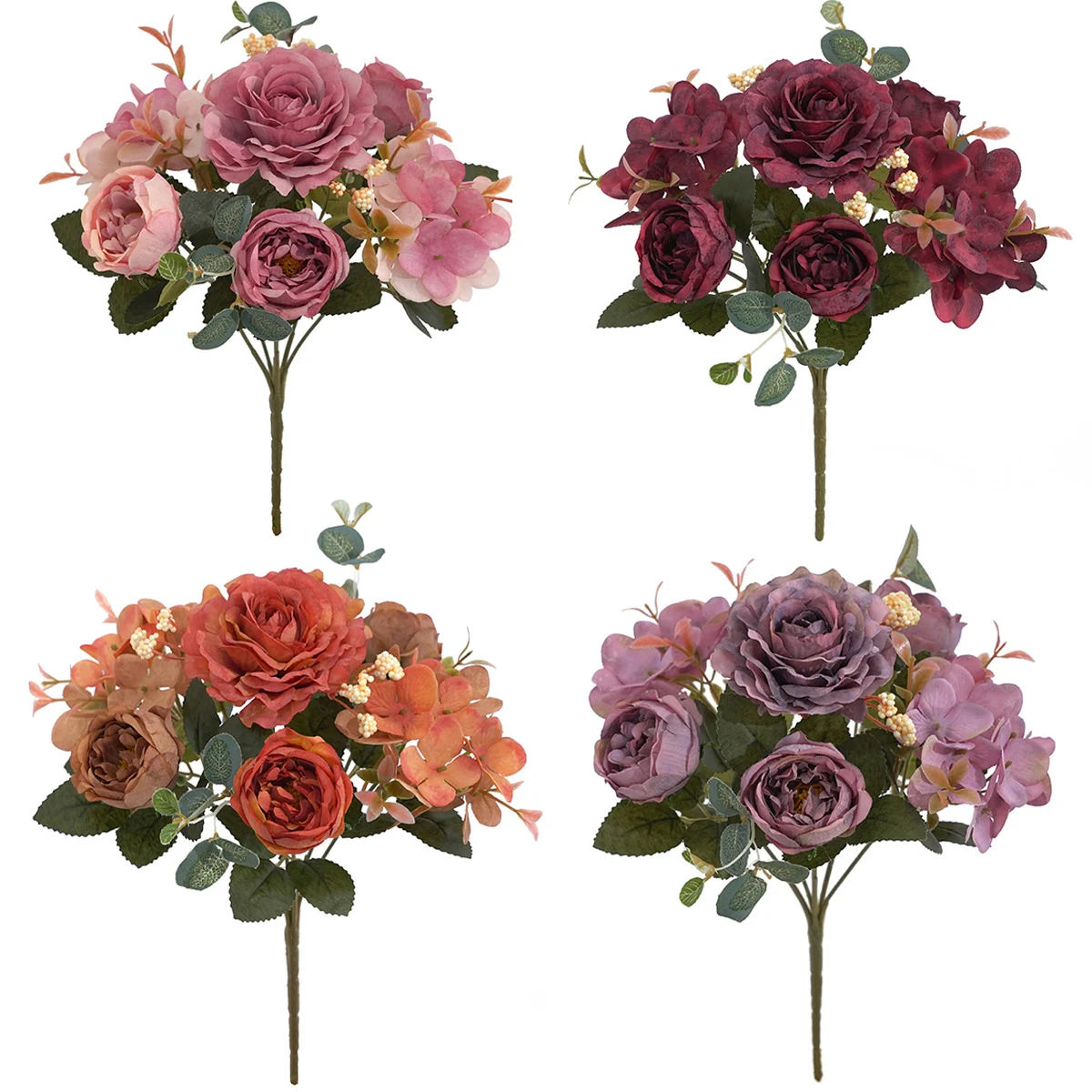 

Artificial Flowers Retro Silk Rose Bouquet Hydrangea Peony Vintage Bride Holding Fake Plants Home Wedding Decoration Accessories