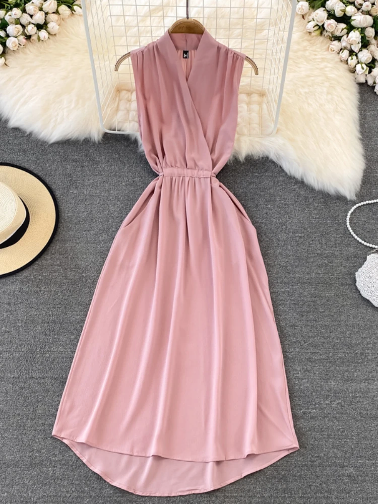 

Hikigawa Chic Fashion Dresses For Women Solid V Neck Sleeveless Slim Waist Woman Dress Vintage Streetwear Elegant Vestidos Mujer
