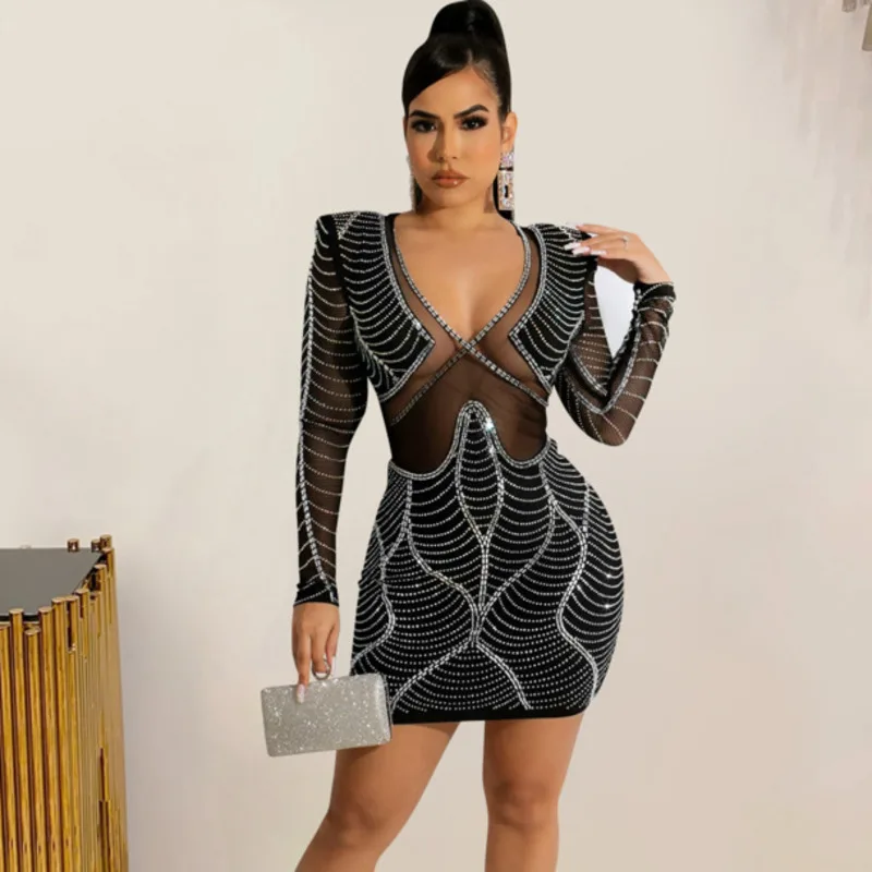 

#6042 Black Beige Mini Dress Women Long Sleeve See Through Dress Mini Dress Female Sexy Party Night Club Tight Bodycon Dresses