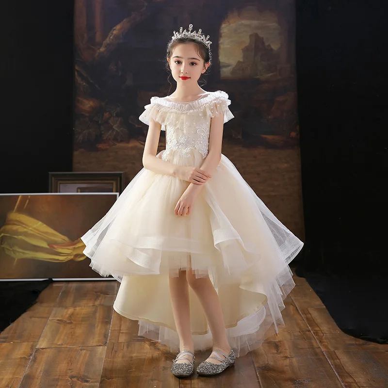 

Children's Wedding Dress Princess Dress Flower Girl Piano Exotic Girl Front Short Back Long Birthday Dress New Style Girl Dress