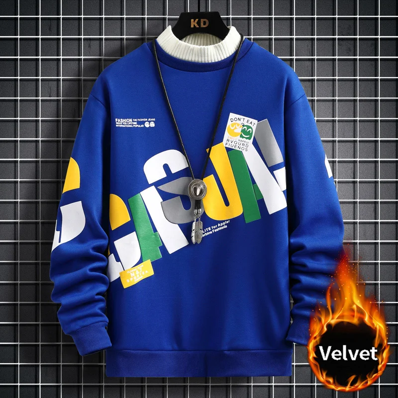 

Sweater Male Autumn Retro Hooded Hip Hop Letter Print Loose Fleece Padded O-neck Top Men's Pullover Warm Sweatshirt