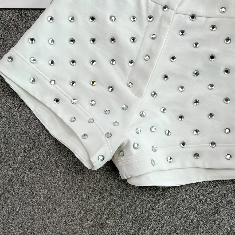 2023 Summer New Solid Color High Waist Shorts Exquisite Rhinestone Loose Casual Shorts for Women Fashion Fashion A- Line Shorts