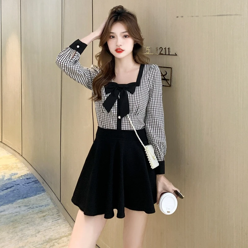 F GIRLS French Style Chic Shirts Women Bow Knot Design Square Collar Buttons Design Long Sleeve Blouse Hit Color Plaid Tops enlarge