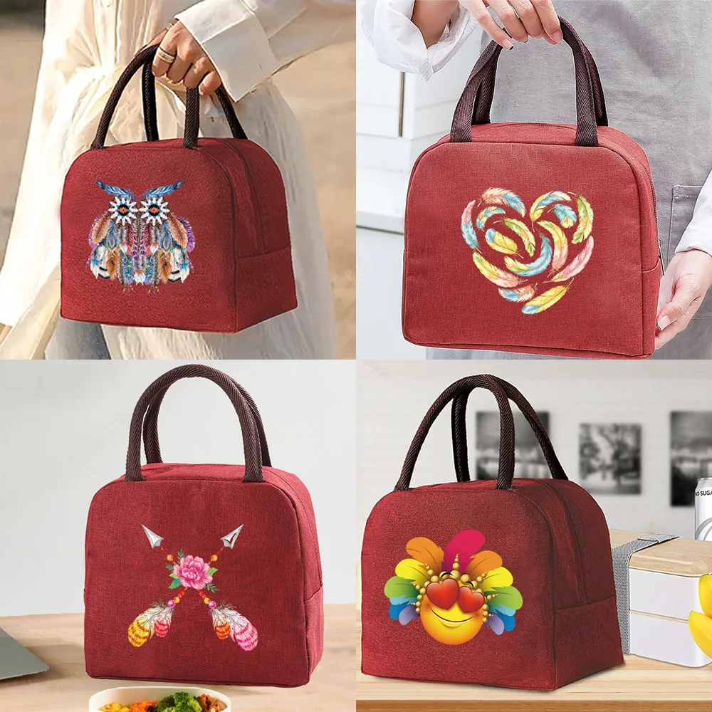 

Insulated Lunch Bag for Women Portable Cooler Tote Hangbag Container Picnic Thermal Food Storage Lunchbox Feather Series