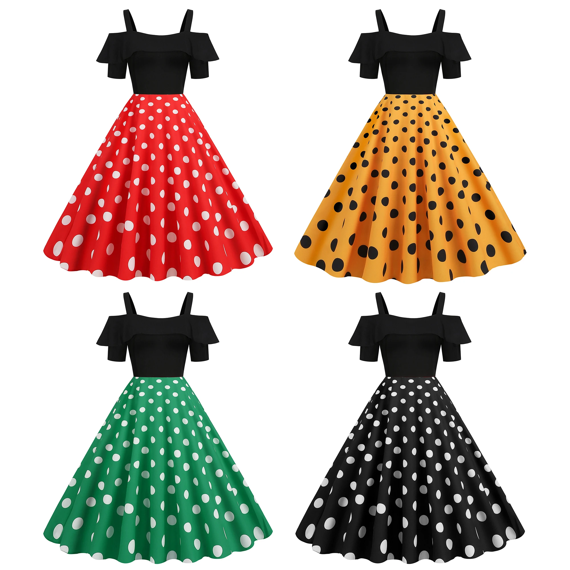 

Casual Style Womens Print Dots Dress Short Sleeve Spaghetti Strap Skirt Slash Neck Falbala Women's Polyester Fibre Tunic Dresses