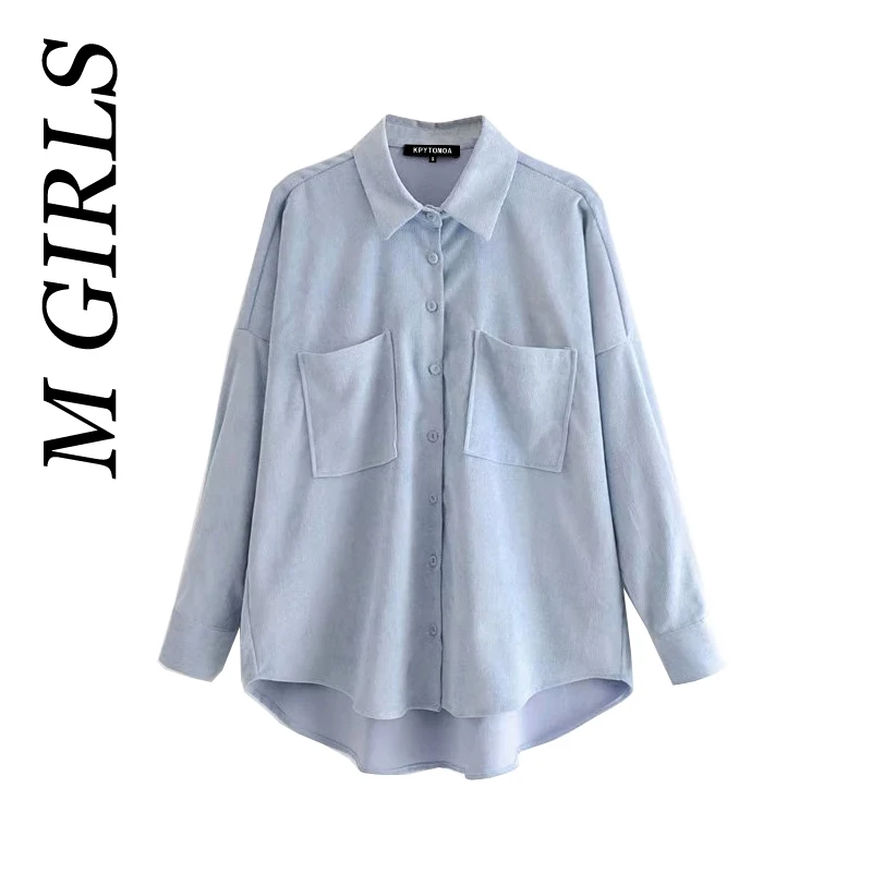M GIRLS Women Fashion With Pockets Oversized Corduroy Shirts Vintage Long Sleeve Asymmetric Loose Female Blouses Chic Tops