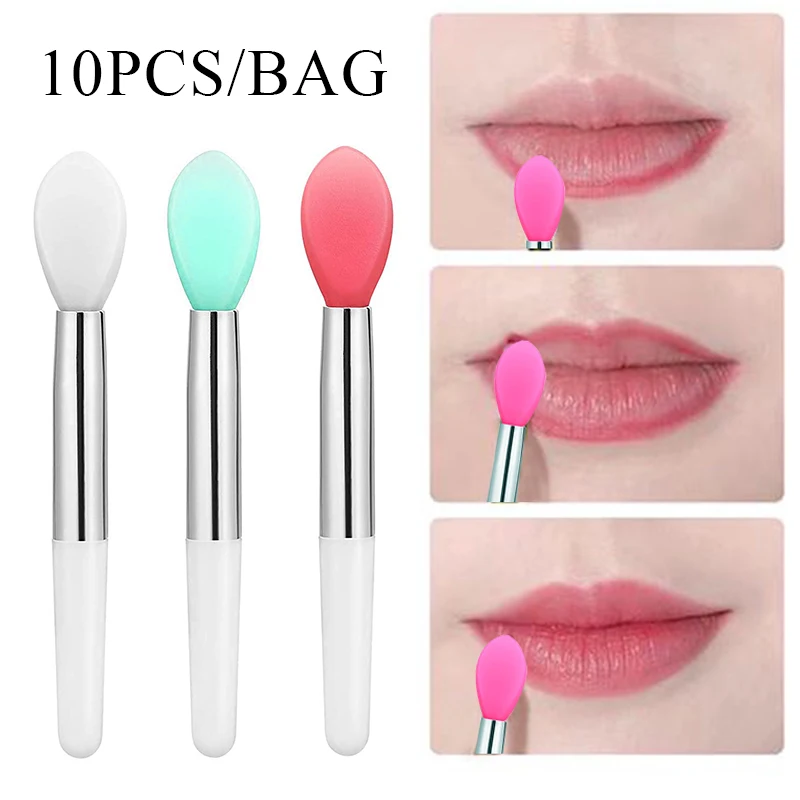 

10pcs Silicone Lip Brush Set beginner Small Makeup Brushes Lipstick Applicator Brushes Anti-lost Cover for Lip Care Makeup Use
