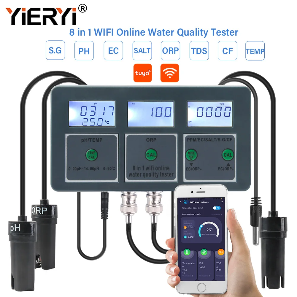 Yieryi WiFi Tuya Smart PH ORP TDS EC SALT S. G TEMP CF Monitor Meter Online Aquarium Water Quality Tester Data Logger Controller