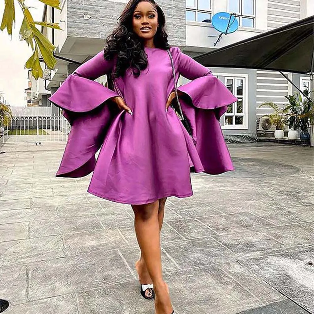 

Mini Dress Solid Color Pullover Round Neck Flared Sleeve Sexy Short Purple Dress Elegant Street Fashion For Women Summer 2022