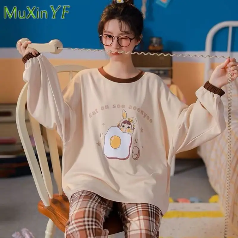 2022 Spring Fall New Cartoon Pajamas Women's Cute Pijamas trousers Two piece Korean Casual Sleepwear Loose Home Clothes Suit