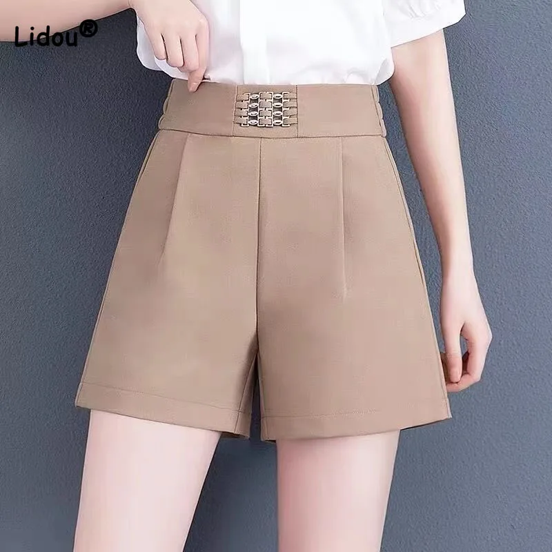 Fashion All-match Female Solid High Waist Shorts Office Lady Korean Simplicity Sequined Spliced Loose Shorts Women's Clothing