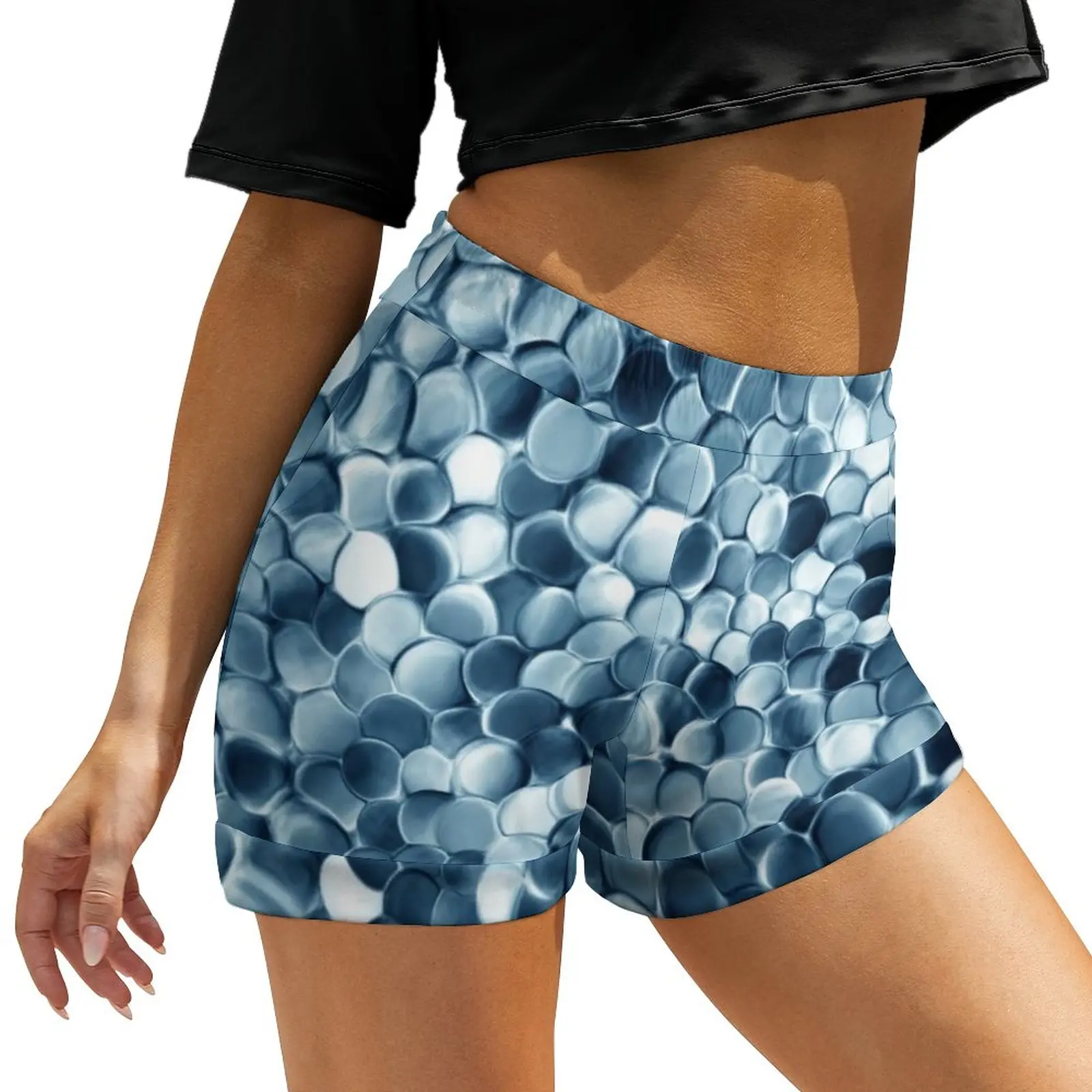 

Metallic Blue Coins Shorts Elastic High Waist Modern Art Printed Shorts Vintage Oversize Short Pants Street Style Bottoms Gift