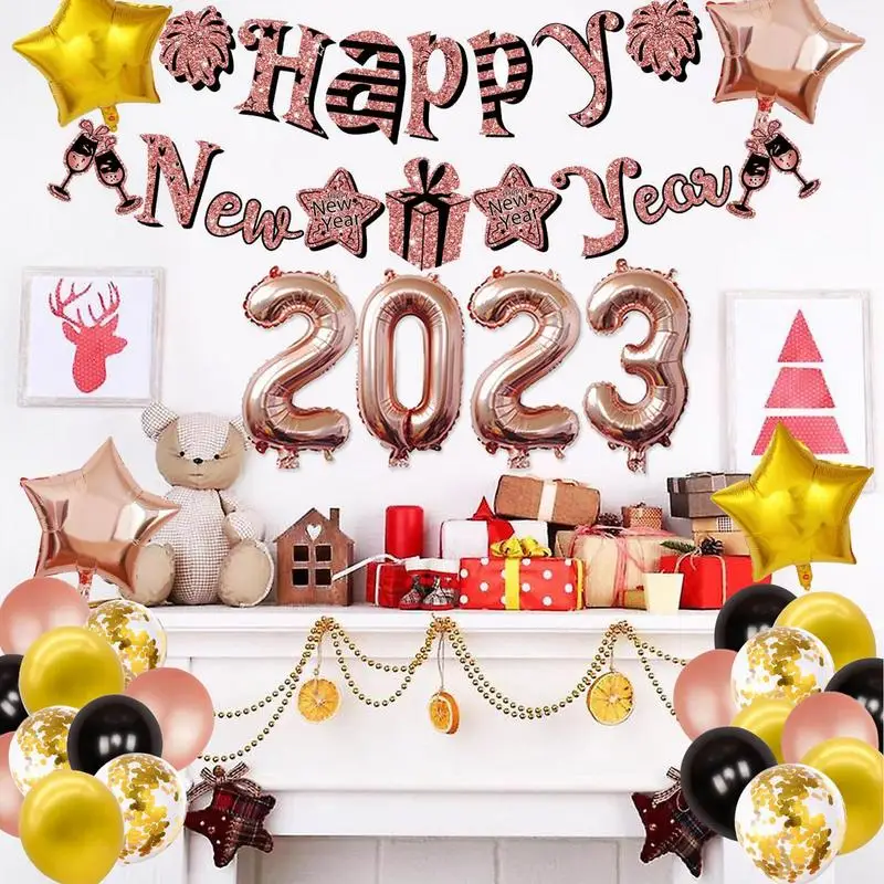 

Rose Gold Happy New Year Balloons Set Foil Balloon Decorations Set New Years Eve Party Supplies 2023 Happy New Year Banner