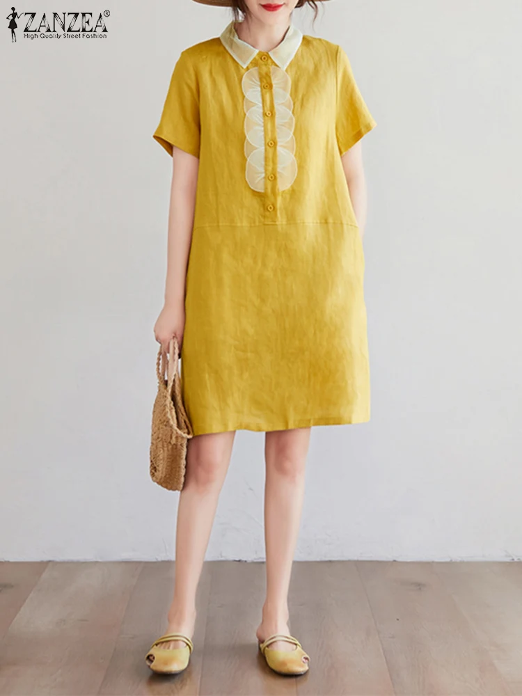 

Женское винтажное Хлопковое платье, однотонное платье с коротким рукавом, повседневное Сетчатое платье ZANZEA в стиле пэчворк, модные платья д...