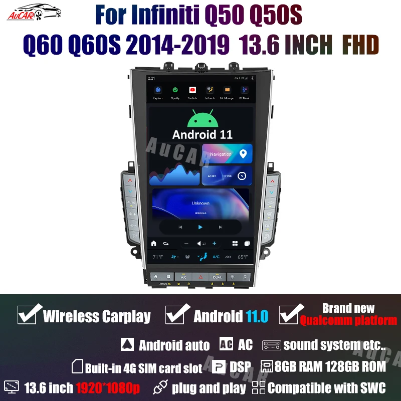 Головное устройство AuCar Mark6 Tesla Style Android для Infiniti Q50 Q50S Q60 Q60S 2014-2019 GPS Navi 1920*1080 13 6