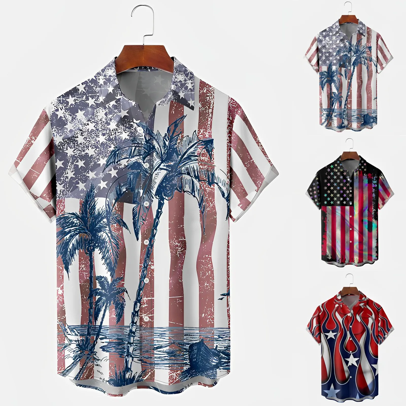 

Male Spring And Summer Independence Day Celebration Casual Vintage Distressed Partial Print Button Short Sleeve Lady Tunic Top