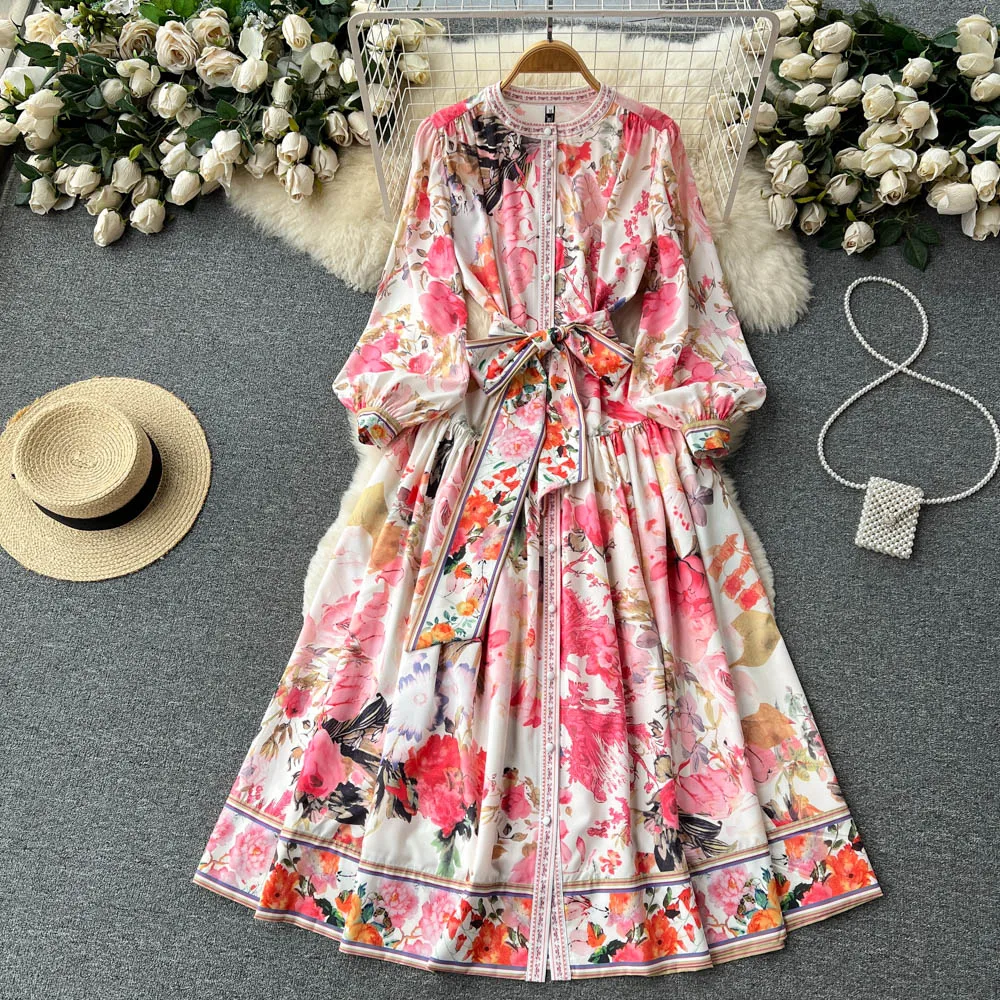 

Runway Fashion Women Dress Spring Stand Collar Lantern Sleeve Single Breasted Floral Print Belt Long Party Vacation Robes M6638
