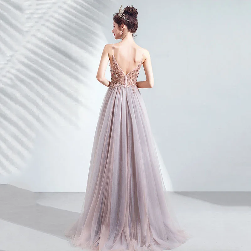 Sexy Spaghetti Straps Evening Dresses New Arrival V-Neck Rhinestones Beading Formal Prom Gowns With Slit Robe De Soiree